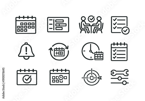 Scheduling. Line outline icon set of Scheduling: calendar view, time slots, meeting booking, availability
