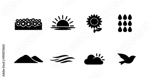 Golden sunflower landscape. Filled icon set of Golden sunflower landscape: wide field, rising sun, sunflower