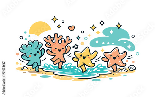 Enchanted shoreline. Cute coral beings and starfish sprites dancing along the waterline, sparkles drifting in