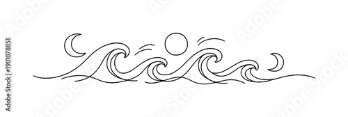 "Fantasy sea waves". Minimalistic one-line drawing magical waves rising gracefully with moonlike shapes and