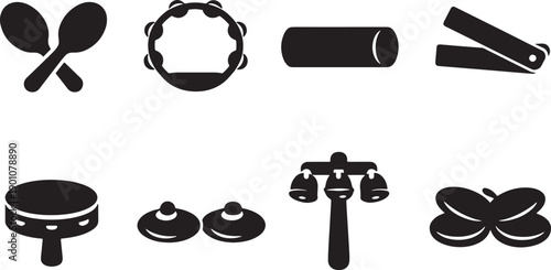 Mexican Hand Percussion Silhouette Icon Set for Cinco de Mayo, Maracas Tambourine Claves Castanets Solid Flat Vector