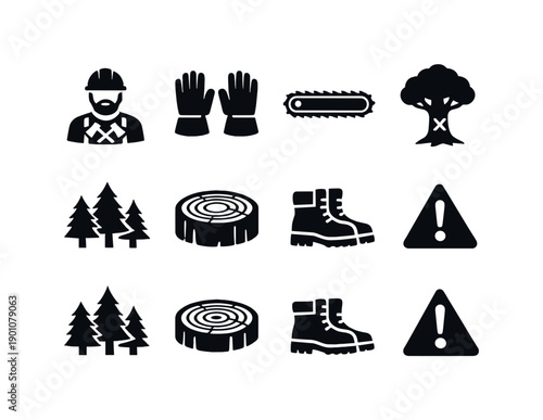 Forestry Work. Filled icon set of Forestry Work: lumberjack worker, protective gloves, chainsaw blade, marked