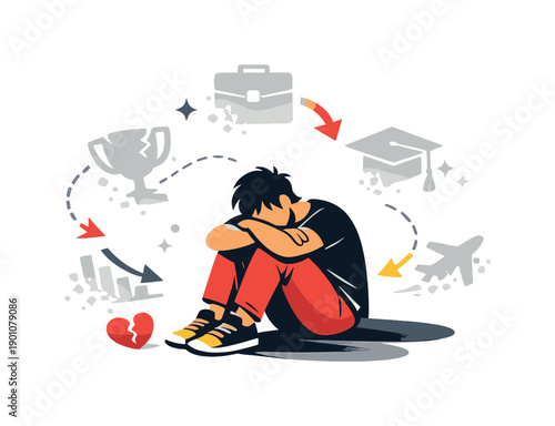 Facing the emotional impact of an unfulfilled life. Lone character sitting quietly among fading symbols of