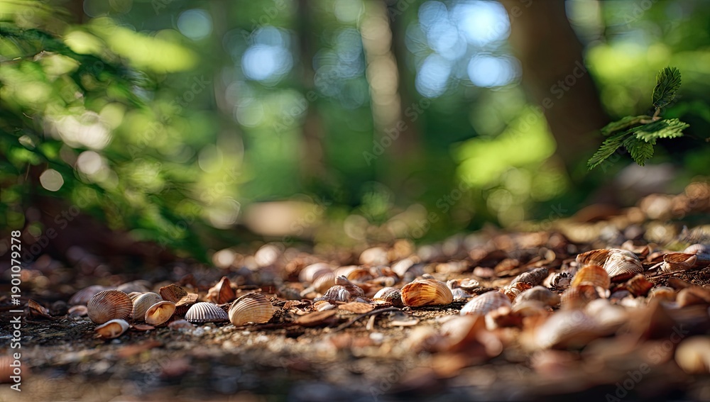 Obraz premium Forest floor strewn with acorns, leaves, and detritus; dappled sunlight