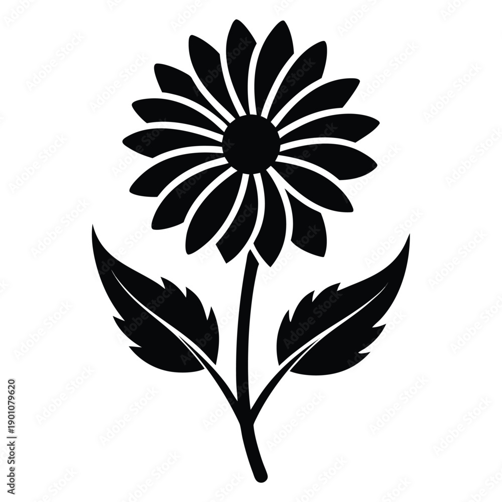 Fototapeta premium Black silhouette helenium flower with leaves design