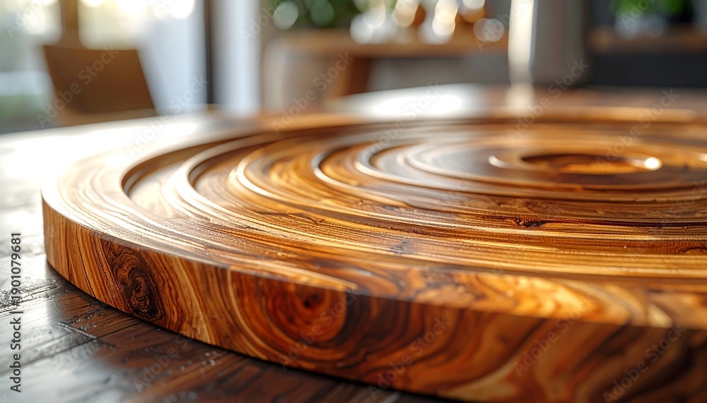 Obraz premium Wooden spiral concentric tabletop, wood grain detailed surface, blurred room background
