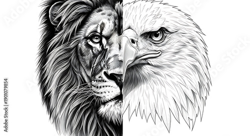 half head of lion and half of eagle tattoo design.