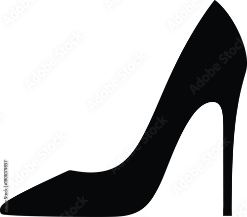 Black silhouette of elegant stiletto high-heeled shoe with pointed toe, symbolizing fashion, style, glamour, footwear, and feminine sophistication