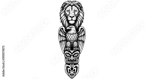 black and white Lion seat at eagle head tattoo design