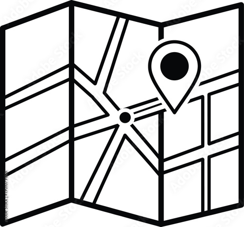 Stylized folded map icon with central location pin marker, representing navigation, travel, GPS, geographic positioning, and destination services