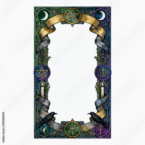Ornate Gothic Border with Mystical Symbols and Ravens