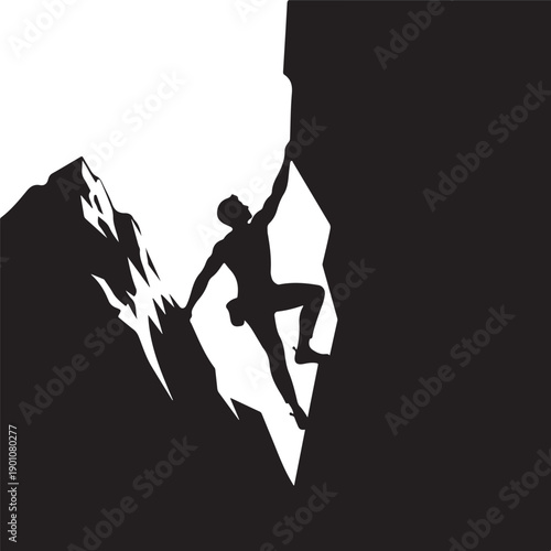 A determined rock climber conquering a challenging mountain peak in a minimalist silhouette design
