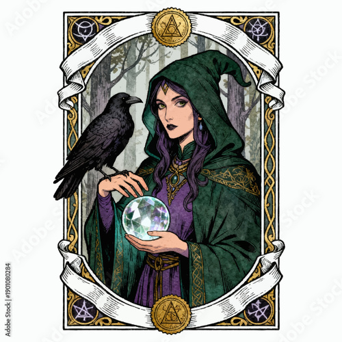 Mystic witch with raven and crystal ball in enchanted forest