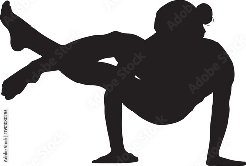 Silhouette of woman practicing advanced yoga arm balance pose on white background
