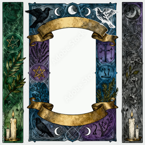 Ornate celestial and botanical frame with astrological symbols and decorative elements