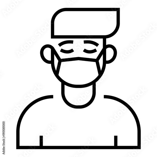 Line illustration of a healthcare professional wearing a face mask and cap, representing medical staff, hygiene, safety measures, and health protection concepts.