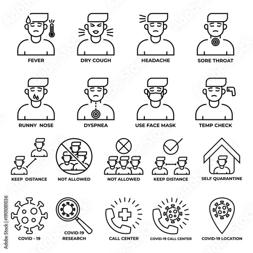 Outline medical icon set illustrating illness symptoms, prevention actions, social distancing, quarantine guidance, and public health response concepts.