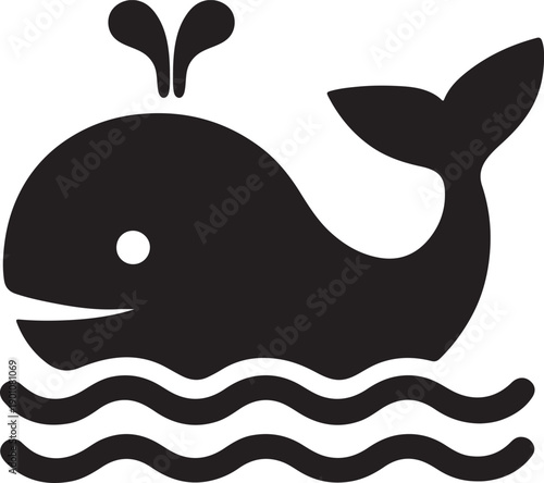 Whale silhouette icon surfacing marine animal with water spout and waves vector illustration