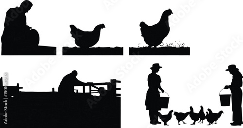 Set of rural farming silhouettes featuring farmers feeding chickens, caring for poultry, and working on countryside farms, representing traditional agriculture,