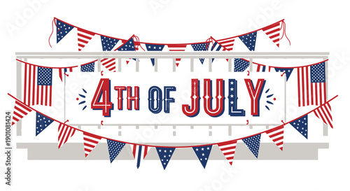 4th of July banner with patriotic flags and bunting, Independence Day decoration or party garland, vector illustration for poster or social media Isolated on transparent background, png