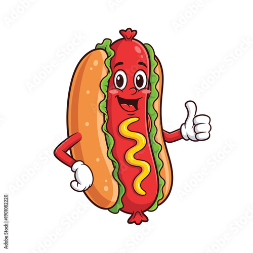 A cheerful cartoon hotdog character winks and gives a thumbs up complete with bun and condiments