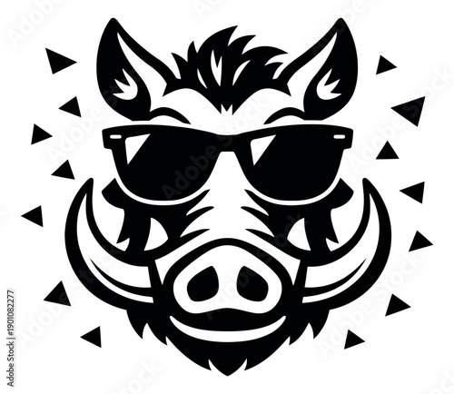 Cool graphic illustration of a wild boar head depicting it wearing cool sunglasses for apparel or mascot design