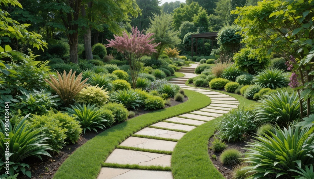 Obraz premium Pathway Through a Garden With Various Plants and Foliage