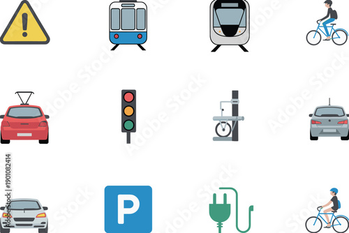 Urban transportation and smart mobility colorful icon set featuring trains cars bicycles traffic lights parking electric charging and warning signs for modern city navigation infographic design