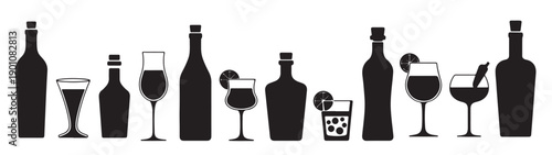 collection of black silhouette alcohol bottle and glass