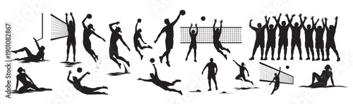 collection of black silhouette volleyball players in action 
