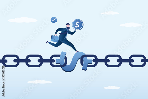 Broken chain connected by dollar sign, money helps overcome financial problems. Proper money management for solving business issues and problems. Happy businessman