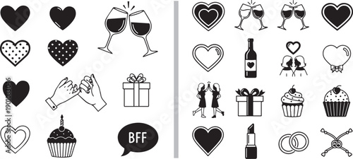 Two vector icon sets for Galentine’s Day: the left features black silhouettes of wine, gifts, and a pinky swear; the right shows line-art of dancing friends, cupcakes, and hearts.