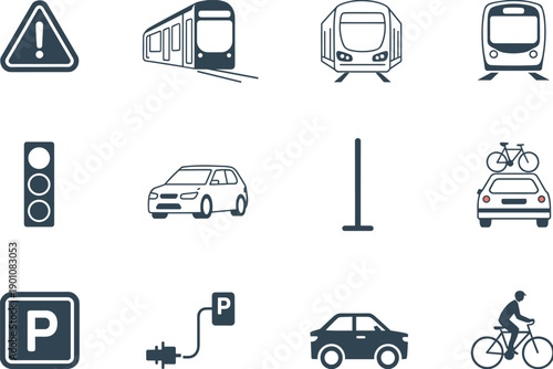 Urban transportation and smart mobility line icon set featuring trains cars bicycles traffic lights parking electric charging and warning signs for modern city navigation infographic design