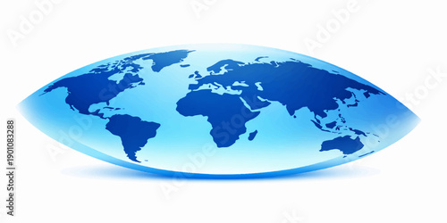 A blue vector illustration of a global world map sphere on a white background representing international business and technology communication across every continent and planet earth