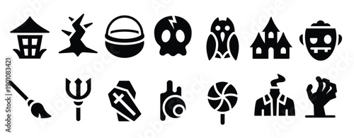 halloween glyph icons including lamp skull couldron owl