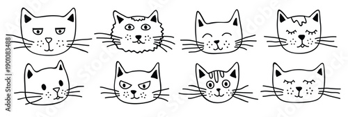 Hand drawn cat muzzle clipart. Cute pet face doodle set