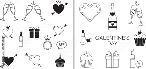 Two vector sets of Galentine's Day icons: one features black silhouettes of champagne, rings, and hearts; the other shows minimalist line-art of a wine bottle, lipstick, and a cupcake.