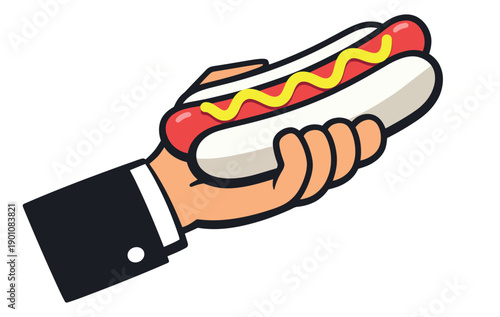 Cartoon line art illustration of a hot dog depicting it being held by a hand for fast food advertising