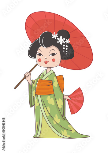 Japanese women in kimono on a white background. Vector illustration. Cartoon style.