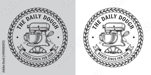 Vintage Bakery Logo with Stand Mixer and Croissant Emblem