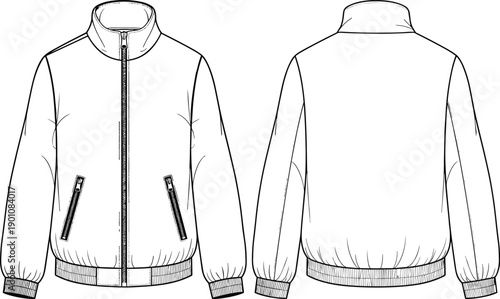 Blank zip up jacket technical flat sketch with front and back views, long sleeve outerwear outline for fashion design, apparel template, clothing mockup and textile production