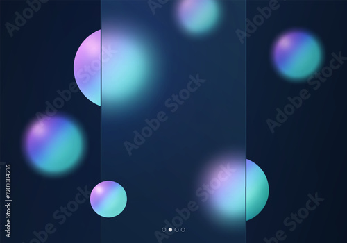 Dark abstract background with glass morphism effect, consisting of translucent vertical glass panel and floating gradient spheres.