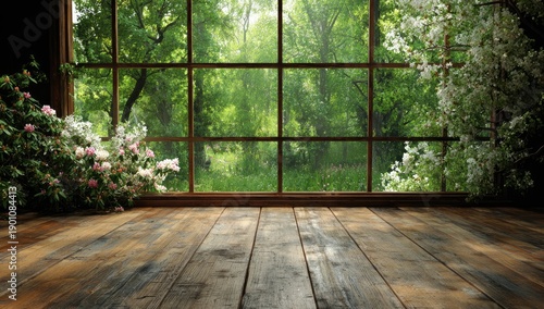 Rustic wooden floor overlooking lush spring forest with blooming trees