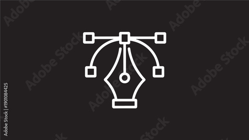 Pen nib with design elements in minimalist white on black background for creative branding