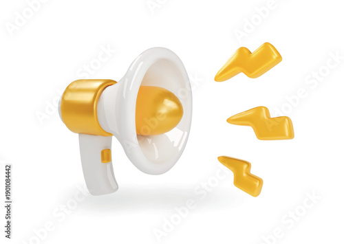 3D white and gold megaphone and flash lightnings. Special offer. Social media promotion. Marketing time concept. Loudspeaker or speaker Announcement.3D Vector illustration