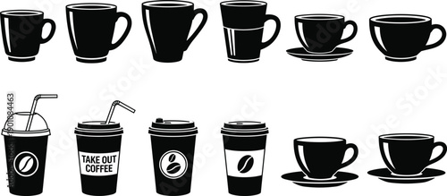 Coffee cup and takeaway mug silhouette set featuring espresso cappuccino latte and to go cups isolated on white background for cafe beverage design projectsCoffee cup and takeaway mug silhouette set 