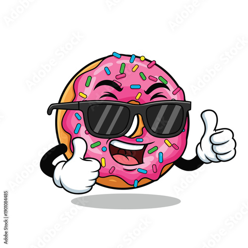A cheerful pink donut character wearing sunglasses and giving two thumbs up expressing positivity high-quality
