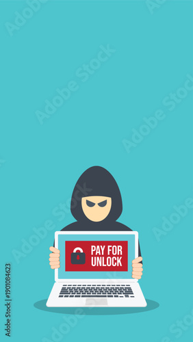 Hacker holding laptop with ransomware note, data breach, malware, cyber attack, hacking