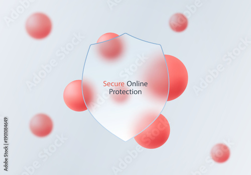 Abstract security background with translucent glass shield and floating red gradient spheres.