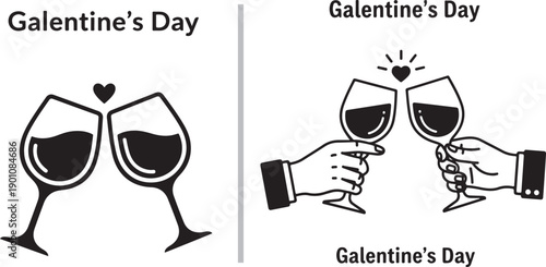 Two vector silhouettes of three female friends standing together. Above them, various black and red hearts float upward, symbolizing love, friendship, and a festive Galentine's celebration.